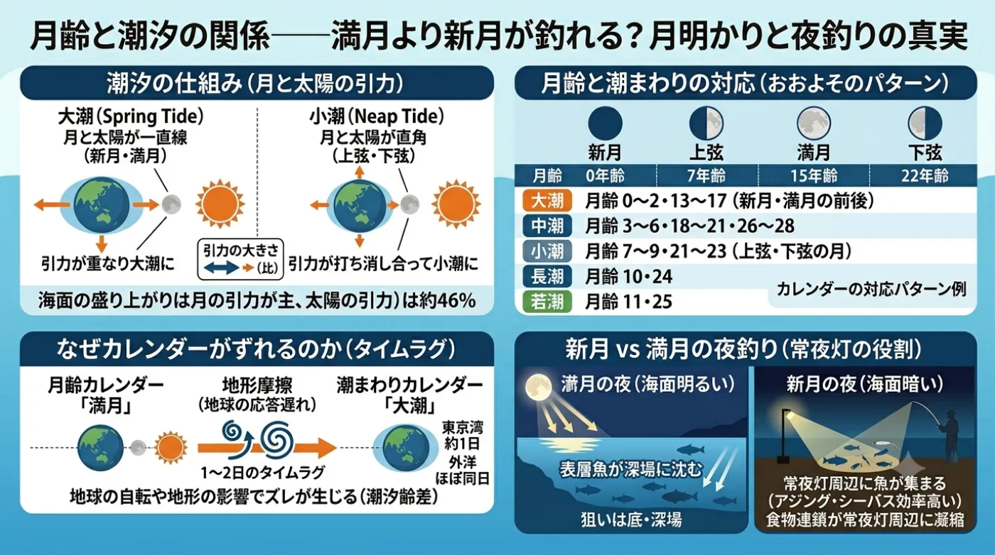 月齢と潮汐の関係:大潮・小潮の仕組み、月齢と潮まわりのずれ、新月vs満月の夜釣り比較