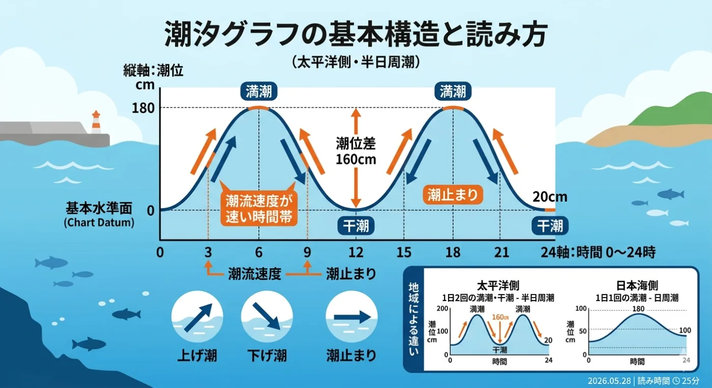 潮汐グラフの基本構造:満潮・干潮・潮流速度・上げ潮と下げ潮の読み方