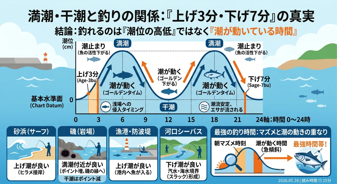 満潮・干潮と釣りの関係:上げ3分・下げ7分の真実——釣れるのは潮が動いている時間